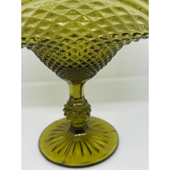 VTG Olive Green Glass Compote Dish – Footed Diamond Pattern Candy Bowl 6"x6.5" - Picture 2 of 7